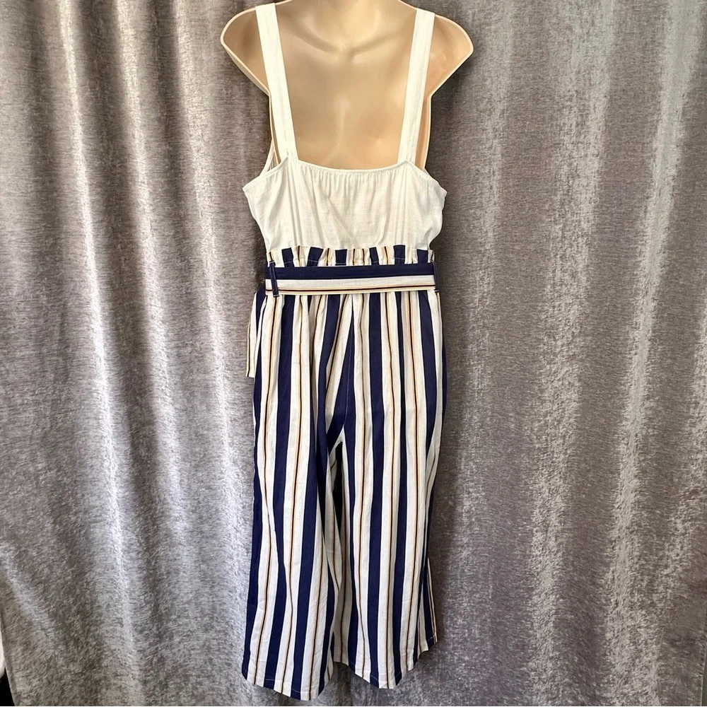 E & M White Blue and Mustard Striped Belted Overall Jumpsuit Women's Size L - Picture 2 of 14
